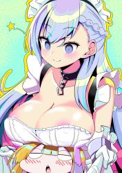 Rule 34 | 1girl, areola slip, azur lane, belfast (azur lane), blonde hair, breast rest, breasts, breasts on head, cleavage, covered erect nipples, edoara, highres, large breasts, open mouth, queen elizabeth (azur lane), silver hair, smile