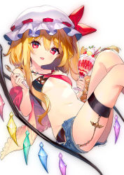 Rule 34 | 1girl, ainy, alternate costume, bare shoulders, bikini, black bikini, blonde hair, blue shorts, breasts, chain, cup, flandre scarlet, hair between eyes, hat, hat ribbon, highres, holding, holding cup, holding spoon, knees up, long hair, looking at viewer, mob cap, navel, red eyes, red ribbon, ribbon, short shorts, shorts, simple background, sitting, small breasts, smile, solo, spoon, stomach, swimsuit, thigh strap, tongue, tongue out, touhou, white hat, wings