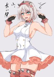 Rule 34 | 1girl, bare arms, bare shoulders, breasts, character request, collar, commentary request, copyright request, cowboy shot, dress, green eyes, grey background, grey hair, hairband, hands up, highres, large breasts, looking at viewer, open mouth, petticoat, pink collar, pink hairband, pink thighhighs, short dress, short hair, simple background, sleeveless, sleeveless dress, solo, standing, thighhighs, thighs, watarase piro, white dress