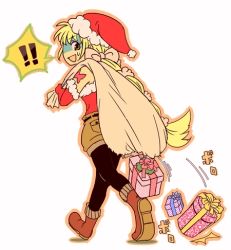 Rule 34 | 1girl, 72yan, bare shoulders, black pantyhose, blonde hair, bow, butterfly tattoo, christmas, commentary request, gift, hair ribbon, hat, pantyhose under shorts, long hair, lowres, multi-tied hair, open mouth, pantyhose, ponytail, ribbon, saga, saga frontier 2, santa hat, shorts, simple background, solo, tattoo, very long hair, virginia knights, white background