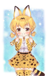Rule 34 | 10s, 1girl, animal ears, artist name, bad id, bad pixiv id, bare shoulders, blush, bow, bowtie, brown eyes, commentary request, dress, dress shirt, elbow gloves, foreign blue, gloves, grin, hair between eyes, hair ornament, hair scrunchie, highres, kemono friends, korean commentary, looking at viewer, low twintails, partial commentary, print bow, print bowtie, print gloves, print neckwear, print skirt, print thighhighs, scrunchie, serval (kemono friends), serval print, serval tail, shirt, short twintails, skirt, sleeveless, sleeveless shirt, smile, solo, striped tail, tail, thighhighs, twintails, white dress, white scrunchie
