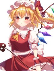 Rule 34 | 1girl, :o, ascot, back bow, blonde hair, bow, commentary request, cowboy shot, flandre scarlet, frilled shirt collar, frilled skirt, frills, hat, highres, holding, holding weapon, laevatein (touhou), medium hair, mob cap, multicolored wings, open mouth, orange eyes, puffy short sleeves, puffy sleeves, red skirt, red vest, shirt, short sleeves, side ponytail, simple background, siomi 403, skirt, skirt set, solo, touhou, vest, weapon, white bow, white hat, white shirt, wings, wrist cuffs, yellow ascot