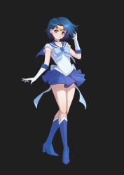Rule 34 | 1girl, absurdres, artist request, back bow, bishoujo senshi sailor moon, black background, blue bow, blue eyes, blue footwear, blue hair, blue neckwear, blue sailor collar, blue skirt, boots, bow, brooch, choker, circlet, closed mouth, earrings, elbow gloves, full body, gloves, heart, heart brooch, highres, jewelry, knee boots, looking at viewer, magical girl, mizuno ami, parted bangs, pleated skirt, sailor collar, sailor mercury, sailor senshi uniform, short hair, simple background, skirt, smile, solo, standing, star (symbol), star choker, super sailor mercury, white gloves