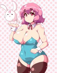 Rule 34 | 1girl, bad id, bad pixiv id, bare shoulders, breasts, cleavage, female focus, huge breasts, moisture (chichi), pink eyes, pink hair, plump, polka dot, polka dot background, saigyouji yuyuko, short hair, smile, solo, thick thighs, thighhighs, thighs, touhou, wrist cuffs