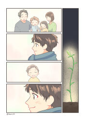 Rule 34 | 5koma, :d, absurdres, aged down, blue scarf, book, brown eyes, brown hair, child, closed mouth, comic, facing viewer, family, flashback, forehead, grin, highres, holding, holding book, kojiro337, multiple views, open mouth, original, parted bangs, plant, raised eyebrows, scarf, short hair, sidelocks, silent comic, smile
