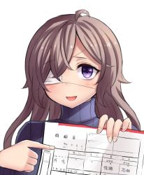 Rule 34 | 1girl, ahoge, blush, brown hair, commentary request, artistic error, eyepatch, highres, long hair, long sleeves, looking at viewer, marriage certificate (object), medical eyepatch, neit ni sei, one eye covered, open mouth, original, pointing, pov, purple eyes, smile, solo, sweater, translation request, turtleneck, turtleneck sweater, upper body, white background