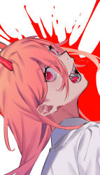 Rule 34 | 1girl, blood, blood splatter, chainsaw man, collared shirt, cross-shaped pupils, demon girl, demon horns, fangs, highres, horns, long hair, looking at viewer, open mouth, pink hair, power (chainsaw man), red eyes, red horns, sharp teeth, shirt, simple background, solo, symbol-shaped pupils, teeth, upper body, white background, white shirt, yagita (astronomie)