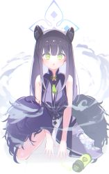 Rule 34 | 1girl, animal ear fluff, animal ears, black dress, black footwear, black hair, blue archive, china dress, chinese clothes, dress, finger to mouth, green eyes, halo, hand on own thigh, long hair, mary janes, open mouth, scarf, shoes, short sleeves, shun (blue archive), shun (small) (blue archive), simple background, sitting, smile, solo, tatara (alnath may), thighhighs, thighs, tiger ears, tiger girl, twintails, white background, white thighhighs