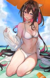 Rule 34 | 1girl, azki (hololive), breasts, brown hair, cleavage, hololive, kneeling, looking at viewer, multicolored hair, open mouth, outdoors, petcha the o, smile, solo, swimsuit, two-tone hair, virtual youtuber