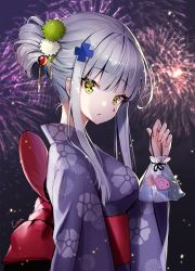 Rule 34 | 1girl, ankkoyom, artist name, text background, bad id, bad pixiv id, bag, bagged fish, breasts, commentary request, expressionless, facial mark, facial tattoo, fireworks, fish, floral print, flower, girls&#039; frontline, goldfish, green eyes, hair bun, hair flower, hair ornament, hair over shoulder, hairpin, hand up, highres, hk416 (girls&#039; frontline), holding, japanese clothes, kimono, long hair, long sleeves, looking at viewer, medium breasts, night, obi, open mouth, outdoors, purple kimono, red ribbon, red sash, ribbon, sash, silver hair, single hair bun, solo, tattoo, teardrop, water, wide sleeves, yukata