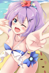 Rule 34 | 1girl, ;d, aono (f i s), arm up, azur lane, bare arms, bare shoulders, beach, bikini, blue bikini, blue bow, blush, bow, breasts, cleavage, collarbone, commentary request, day, flower, green eyes, hair flower, hair ornament, halterneck, hand up, highres, javelin (azur lane), javelin (beach picnic!) (azur lane), medium breasts, one eye closed, open mouth, outdoors, outstretched arms, ponytail, purple flower, purple hair, red flower, round teeth, sand, sitting, smile, solo, swimsuit, teeth, upper teeth only, v, water, yellow flower