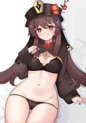 Rule 34 | 1girl, absurdres, black bra, black hat, black nails, black panties, blush, borii, bra, breasts, brown hair, cameltoe, chinese clothes, cleavage, coattails, flower, flower-shaped pupils, genshin impact, gluteal fold, hair between eyes, hat, hat flower, highres, hu tao (genshin impact), jewelry, long hair, long sleeves, looking at viewer, medium breasts, multiple rings, navel, no pants, open clothes, panties, plum blossoms, porkpie hat, red eyes, ring, sitting, smile, solo, sweat, symbol-shaped pupils, teeth, thigh gap, thighs, thumb ring, twintails, underwear