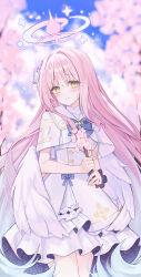 Rule 34 | 1girl, absurdres, angel wings, blue archive, blush, capelet, cherry blossoms, closed mouth, cowboy shot, day, dress, feathered wings, flower, hair bun, hair flower, hair ornament, halo, highres, holding, long hair, looking at viewer, mika (blue archive), outdoors, pink hair, pink halo, purple flower, single side bun, smile, solo, standing, white capelet, white dress, white wings, wings, yagen (user mxur3238), yellow eyes