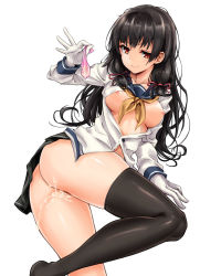 Rule 34 | 10s, 1girl, ass, asymmetrical legwear, black hair, black thighhighs, blush, breasts, commentary request, condom, cum, cum in pussy, gloves, hair ribbon, harino646, highres, isokaze (kancolle), kantai collection, long hair, looking at viewer, lying, medium breasts, messy hair, nipples, no bra, no panties, on side, open clothes, open shirt, pleated skirt, red eyes, ribbon, school uniform, serafuku, shirt, single thighhigh, skirt, smile, solo, thighhighs, tress ribbon, uneven legwear, used condom, white gloves