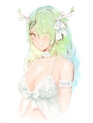 1girl antlers armband babydoll blush bow braid braided_bangs branch breasts ceres_fauna choker cleavage collarbone commentary flower green_hair hair_over_one_eye hexunart hololive hololive_english horns large_breasts lingerie long_hair looking_at_viewer mole mole_under_eye simple_background smile solo teeth underwear upper_body virtual_youtuber white_armband white_babydoll white_background white_bow white_choker yellow_eyes