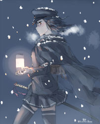 Rule 34 | 10s, 1girl, akitsu maru (kancolle), backpack, bag, black hair, black skirt, black thighhighs, breath, cape, cowboy shot, from side, gloves, hat, kantai collection, lantern, looking at viewer, military, military uniform, pale skin, peaked cap, pleated skirt, profile, randoseru, red eyes, scabbard, sheath, sheathed, short hair, skirt, snowing, solo, suzumaru, sword, thighhighs, twitter username, uniform, weapon, white gloves
