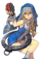 Rule 34 | 1boy, arc system works, bike shorts, black gloves, blonde hair, blue eyes, blush, bridget (guilty gear), closed mouth, facial mark, feet out of frame, fingerless gloves, gloves, guilty gear, guilty gear xx, habit, holding, hungry clicker, japanese flag, long hair, looking at viewer, male focus, nun, simple background, sitting, smile, solo, thighs, trap, white background, yo-yo