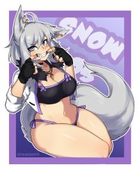 Rule 34 | 1girl, ahoge, animal ears, blue eyes, breasts, choker, cleavage, curvy, ear piercing, facial mark, finger in own mouth, fingerless gloves, fingersmile, gloves, grey hair, grin, highres, jacket, jewelry, large breasts, long hair, looking at viewer, open clothes, open jacket, original, piercing, ring, sharp teeth, side-tie bottom, smile, snow sos, solo, taiger, tail, tattoo, teeth, white jacket, wide hips