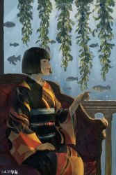 Rule 34 | 1girl, absurdres, black kimono, blunt bangs, bob cut, commentary request, couch, dated, fish, from side, hand on lap, highres, japanese clothes, kimono, long sleeves, obi, original, parted lips, sash, seaweed, signature, smile, solo, wide sleeves, zennosuke