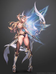 Rule 34 | 1girl, armor, ass, back, black thighhighs, blonde hair, blue eyes, bow (weapon), breasts, cleavage, elf, full body, gauntlets, hand on own head, headgear, high heels, highres, holding, holding weapon, long hair, looking at viewer, looking back, love cacao, original, parted lips, pointy ears, revealing clothes, shoulder armor, solo, standing, thighhighs, twisted torso, weapon, wings