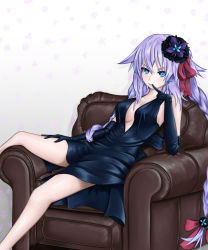 Rule 34 | 1girl, black dress, braid, breasts, cleavage, dress, elbow gloves, finger to mouth, flower, gloves, hair flower, hair ornament, hand on own thigh, large breasts, long hair, looking at viewer, neptune (neptunia), neptune (series), purple hair, purple heart (goddesses&#039; promise), purple heart (neptunia), sitting, smile, solo, symbol-shaped pupils, twin braids, upper body, very long hair