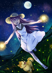 Rule 34 | 1girl, bad id, bad pixiv id, dog, dress, dutch angle, closed eyes, facing viewer, field, fireflies, fireworks, full moon, grass, hat, hill, long hair, moon, night, night sky, open mouth, original, outstretched arms, purple hair, running, samizuban, sky, smile, solo, sparkler, spread arms, star (sky), starry sky, summer