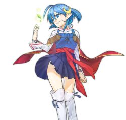 Rule 34 | 1girl, absurdres, ahoge, blue eyes, blue hair, cape, crescent, crescent hair ornament, hair ornament, highres, kagami moshi, pointy ears, red cape, rena lanford, short hair, simple background, skirt, smile, solo, star ocean, star ocean the second story, thighhighs, white background