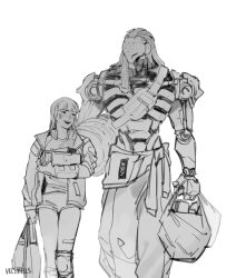 Rule 34 | 1boy, 1girl, bag, blunt bangs, clothes around waist, couple, d.va (overwatch), feet out of frame, headphones, headphones around neck, height difference, hetero, holding, holding bag, humanoid robot, jacket, jacket around waist, long hair, looking at another, open clothes, open jacket, open mouth, overwatch, pants, ramattra (overwatch), robot, shirt, shopping bag, short shorts, shorts, simple background, standing, straight hair, talking, teeth, topless male, upper teeth only, velinxi, walking, white background