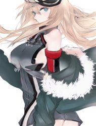 Rule 34 | 1girl, anchor, aqua eyes, bad id, bad twitter id, bare shoulders, bismarck (kancolle), blonde hair, blue eyes, breasts, coat, cowboy shot, detached sleeves, elbow gloves, from side, fur collar, fur trim, gloves, hair between eyes, hat, highres, kantai collection, long hair, looking at viewer, military, military hat, military uniform, okayu (papiko1111), peaked cap, sideboob, simple background, solo, uniform, white background