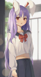 Rule 34 | 1girl, absurdres, alternate costume, animal ears, aohane, black skirt, blouse, blurry, blurry background, bokeh, commentary request, cowboy shot, depth of field, eyebrows visible through ear, highres, indoors, long hair, long sleeves, looking at viewer, midriff, navel, pleated skirt, purple hair, rabbit ears, red eyes, reisen udongein inaba, sailor collar, school uniform, serafuku, shirt, skirt, solo, standing, touhou, very long hair, white shirt