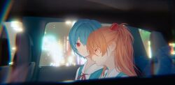Rule 34 | 2girls, absurdres, ayanami rei, blue dress, blue hair, car interior, chromatic aberration, city, closed eyes, closed mouth, collared shirt, commentary, dress, expressionless, highres, interface headset, kasuka (18206541), long hair, looking at viewer, multiple girls, neck ribbon, neon genesis evangelion, night, orange hair, parted lips, red eyes, red ribbon, ribbon, school uniform, shirt, sleeping, souryuu asuka langley, tokyo-3 middle school uniform, white shirt