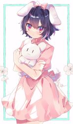 Rule 34 | 1girl, absurdres, animal ears, black hair, blue eyes, bow, collared dress, commentary request, cowboy shot, dot mouth, dress, floppy ears, flower, gradient eyes, hair bow, haruwaka 064, highres, holding, inaba mob (touhou), inaba tewi, looking at viewer, multicolored eyes, one-hour drawing challenge, pink bow, pink dress, puffy short sleeves, puffy sleeves, purple eyes, rabbit ears, rabbit girl, rabbit tail, short hair, short sleeves, solo, tail, touhou, white flower