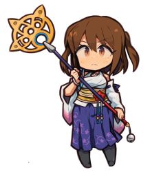 Rule 34 | 1girl, brown eyes, brown hair, chibi, closed mouth, cosplay, detached sleeves, final fantasy, final fantasy x, hakama, hakama skirt, ibara., japanese clothes, jewelry, long hair, looking at viewer, necklace, school girl strikers, simple background, skirt, solo, yuna (ff10)