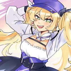 Rule 34 | 1girl, arms up, blush, breasts, commentary, cowboy shot, cropped jacket, dokibird (vtuber), dress, english commentary, hair between eyes, hat, highres, indie virtual youtuber, jacket, long hair, long sleeves, looking at viewer, medium breasts, ministarfruit, open clothes, open jacket, open mouth, purple hat, sidelocks, smile, solo, twintails, very long hair, virtual youtuber