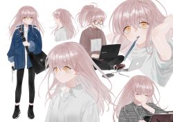 Rule 34 | 1girl, bad id, bad pixiv id, bag, computer, earphones, closed eyes, frost fog, full body, glasses, highres, indian style, jacket, laptop, long hair, looking at viewer, multiple views, orange eyes, original, pants, pink hair, ponytail, shirt, sitting, t-shirt, tight clothes, tight pants, yawning, yellow eyes