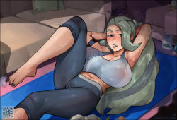 Rule 34 | 1girl, ahoge, annotated, armband, armpits, barefoot, black hair, blue eyes, blush, breasts, breasts apart, cameltoe, cleavage, cleft of venus, commentary, creatures (company), english commentary, exercising, feet, game freak, green hair, gym leader, hair ornament, hair over one eye, hair scrunchie, huge breasts, leg up, lips, long hair, mature female, melony (pokemon), midriff, muffin top, multicolored hair, navel, nintendo, nose blush, pants, pokemon, pokemon swsh, qr code, scrunchie, sit-up, solo, sports bra, sportswear, streaked hair, sweat, sweaty clothes, thick eyebrows, toes, two-tone hair, very long hair, yellowroom, yoga pants