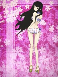 Rule 34 | 00s, 1girl, ass, back, bikini, black hair, blunt bangs, from behind, full body, high heels, itoshiki rin, kneepits, legs, long hair, long legs, looking at viewer, looking back, parted lips, sayonara zetsubou sensei, screencap, side-tie bikini bottom, solo, standing, stitched, swimsuit, thigh gap, thighs, third-party edit