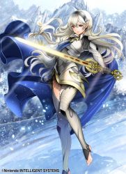 Rule 34 | 1girl, armor, barefoot, blue cape, cape, company connection, copyright name, corrin (female) (fire emblem), corrin (fire emblem), day, feet, fire emblem, fire emblem cipher, fire emblem fates, gloves, hair between eyes, hair ornament, hairband, holding, holding sword, holding weapon, long hair, looking at viewer, nintendo, official art, outdoors, pointy ears, red eyes, see-through, silver hair, snowing, solo, sword, thighhighs, thighs, toyo sao, weapon, yato (fire emblem)