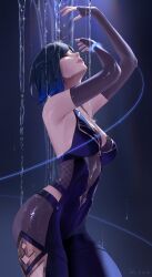 Rule 34 | 1girl, armpits, arms up, artist name, black hair, blue dress, blue hair, bracelet, breasts, closed eyes, closed mouth, dark background, diagonal bangs, dress, elbow gloves, facing up, fingerless gloves, from side, genshin impact, gloves, gradient hair, highres, jewelry, large breasts, lips, m alexa, multicolored hair, pouring, short hair, sleeveless, sleeveless dress, solo, two-tone hair, water, yelan (genshin impact)
