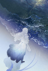 Rule 34 | 1girl, beach, blue eyes, blue footwear, blue theme, braid, capelet, commentary, final fantasy, final fantasy xiv, floating hair, from above, full body, half updo, highres, kai guan jishi o, limited palette, long hair, long sleeves, looking at viewer, looking back, looking up, ocean, outdoors, robe, shadow, shoes, single braid, solo, sparkle, standing, venat (ff14), water, wavy hair, white capelet, white hair, white robe, wind
