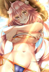 Rule 34 | 10s, 1girl, alternate costume, bikini, blush, breasts, clothes lift, eyebrows, fate/extra, fate/grand order, fate (series), from below, groin, hair between eyes, hat, hatori mia, highres, large breasts, long hair, looking at viewer, navel, partially visible vulva, pink hair, shirt, shirt lift, short sleeves, side-tie bikini bottom, smile, solo, stomach, straw hat, sun, sunlight, sweat, swimsuit, tamamo (fate), tamamo no mae (fate/extra), tamamo no mae (swimsuit lancer) (fate), tamamo no mae (swimsuit lancer) (first ascension) (fate), tongue, tongue out, underboob, wet, white shirt, yellow eyes