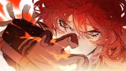 Rule 34 | 1boy, angry, black gloves, brown gloves, diluc (genshin impact), eyelashes, eyes visible through hair, fire, fire, genshin impact, gloves, hair between eyes, highres, male focus, mikuroron, multicolored clothes, multicolored gloves, red eyes, red hair, solo, tassel, two-tone gloves, upper body