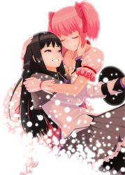 Rule 34 | 10s, 2girls, akemi homura, bad id, bad pixiv id, black hair, bow, brooch, closed eyes, gloves, hair bow, hand on another&#039;s face, highres, hug, jewelry, kaname madoka, light particles, long hair, magical girl, mahou shoujo madoka magica, mahou shoujo madoka magica (anime), multiple girls, nanahime, pantyhose, pink hair, purple eyes, short hair, short twintails, simple background, skirt, smile, twintails