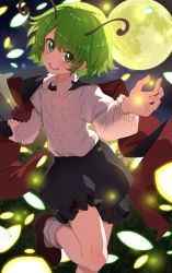 Rule 34 | 1girl, androgynous, antennae, black cape, black shorts, brown footwear, buttons, cape, collared shirt, commentary request, danmaku, feet out of frame, female focus, flat chest, foot out of frame, frilled shorts, frilled sleeves, frills, fuji tarawi, full moon, green eyes, green hair, highres, long sleeves, looking at viewer, moon, open mouth, outdoors, red cape, shirt, shoes, short hair, shorts, smile, socks, solo, touhou, two-sided cape, two-sided fabric, white shirt, white socks, wriggle nightbug
