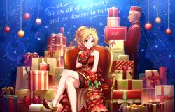 Rule 34 | 1girl, bare legs, blonde hair, blush, breasts, chair, christmas ornaments, christmas present, closed mouth, crossed legs, dress, english text, flower, foot out of frame, frilled dress, frills, game cg, gift, gloves, gold footwear, gold trim, hair ornament, hand up, high heels, idolmaster, idolmaster cinderella girls, idolmaster cinderella girls starlight stage, indoors, kiryu tsukasa (idolmaster), lace trim, legs, lens flare, long hair, looking at viewer, mannequin, official art, parted bangs, ponytail, purple eyes, red dress, red gloves, red ribbon, ribbon, short dress, sitting, small breasts, smile, solo, sparkle, strapless, strapless dress, thighs