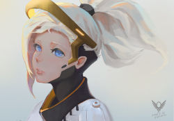 Rule 34 | 1girl, armor, artist name, blonde hair, blue eyes, bodysuit, dated, emblem, halo, high ponytail, lipstick, long hair, looking at viewer, makeup, mechanical halo, mercy (overwatch), overwatch, overwatch 1, parted lips, pink lips, ponytail, portrait, short hair, solo