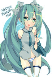 Rule 34 | 1girl, bad id, bad pixiv id, detached sleeves, green eyes, green hair, hatsune miku, highres, long hair, matching hair/eyes, necktie, no pants, open mouth, panties, solo, striped clothes, striped panties, thigh gap, thighhighs, twintails, underwear, v, very long hair, vocaloid, yamaoka (rm nun)