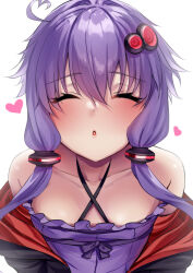 Rule 34 | 1girl, :o, ahoge, black jacket, blush, breasts, closed eyes, collarbone, dress, from above, halter dress, halterneck, heart, heart ahoge, highres, incoming kiss, jacket, open clothes, open jacket, parted lips, pov, purple dress, purple hair, short hair with long locks, sidelocks, simple background, small breasts, solo, tenneko yuuri, upper body, voiceroid, white background, yuzuki yukari