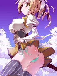 Rule 34 | 10s, 1girl, arm warmers, ass, blonde hair, blue sky, breasts, clothes lift, cloud, covered erect nipples, day, detached sleeves, dress, dress lift, drill hair, green panties, impossible clothes, impossible shirt, large breasts, magical girl, mahou shoujo madoka magica, mahou shoujo madoka magica (anime), miuku (marine sapphire), nipples, panties, pantyshot, puffy nipples, shirt, side-tie panties, skindentation, skirt, skirt lift, sky, smile, solo, striped clothes, striped thighhighs, thighhighs, tomoe mami, twin drills, twintails, underwear, upskirt, vertical-striped clothes, vertical-striped thighhighs, yellow eyes