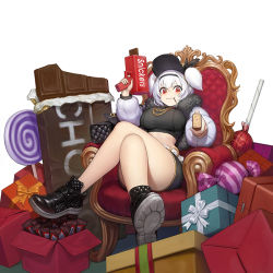 Rule 34 | 1girl, alvis (last origin), armchair, bad id, bad pixiv id, box, breasts, candy, cash cannon, chain, chair, chocolate, chocolate bar, crossed legs, food, food in mouth, full body, fur jacket, fur trim, gift, gift box, hairband, huge breasts, jacket, june 5, last origin, lollipop, looking at viewer, midriff, oversized food, oversized object, pocky, red eyes, sitting, smile, snickers (brand), solo, throne, thug life, two side up, white background, white hair